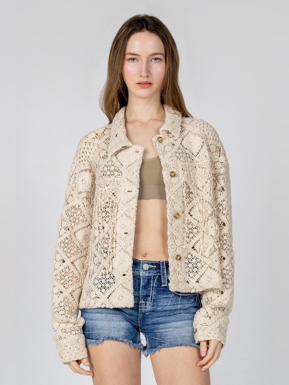 Miss Me Macrame Crochet Lace Fringed Western Jacket Womens Large